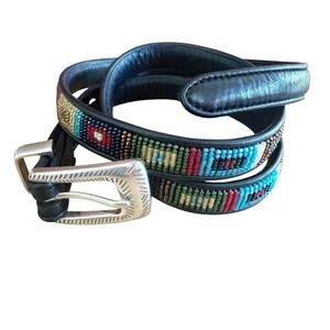 Brighton Black Leather Beaded Western Belt Multi Color Seed Bead Cowgirl 36/XL